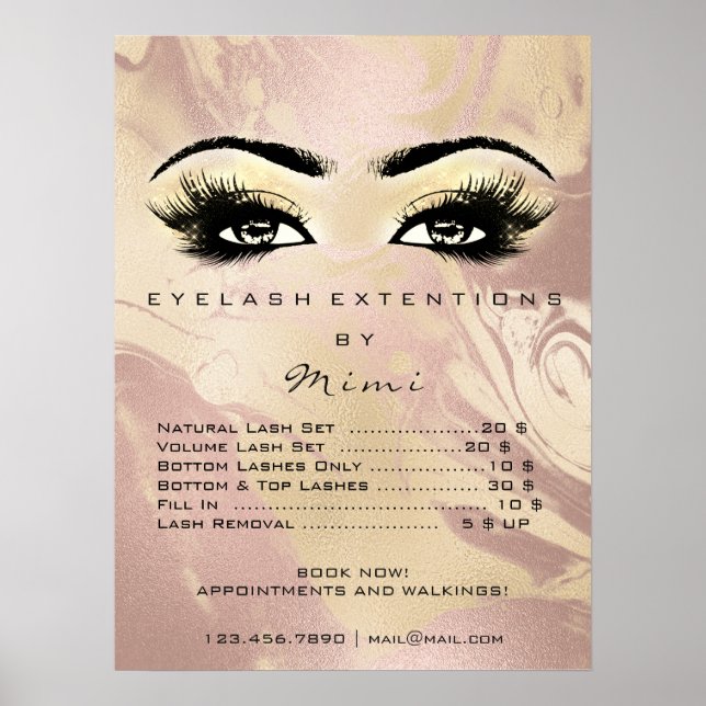 Rose Gold Marble  Makeup Eyes Lashes Prices Poster (Front)