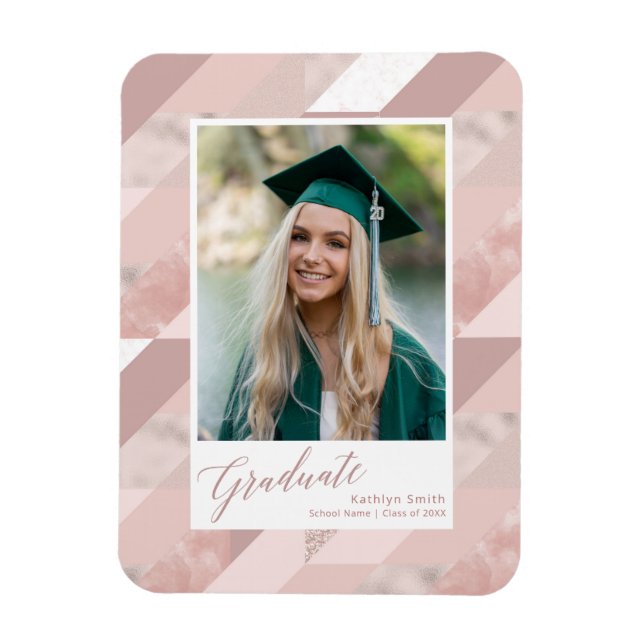 Rose Gold Marble Modern Graduation Girl Photo Magnet (Vertical)