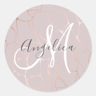 Rose Gold Marble Monogram Classic Round Sticker