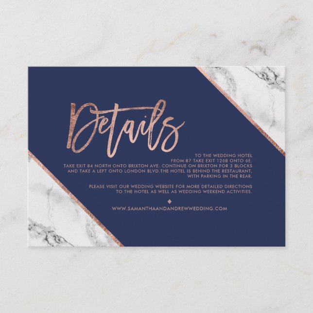 Rose gold marble navy script wedding direction enclosure card (Front)