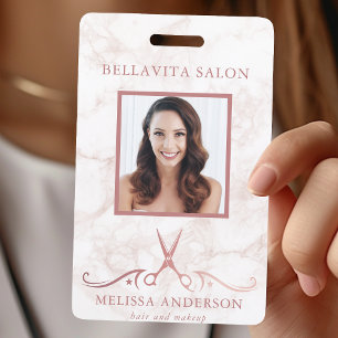 Rose Gold Marble Scissors Photo Hair Stylist ID Badge