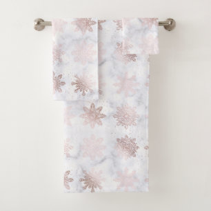 Rose Gold & Marble Snowflake Christmas Pattern Bath Towel Set