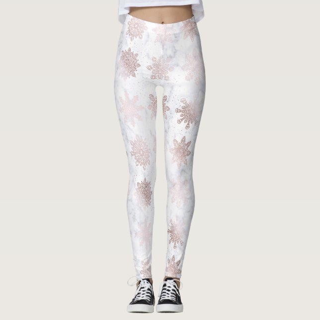 Rose Gold & Marble Snowflake Christmas Pattern Leggings (Front)