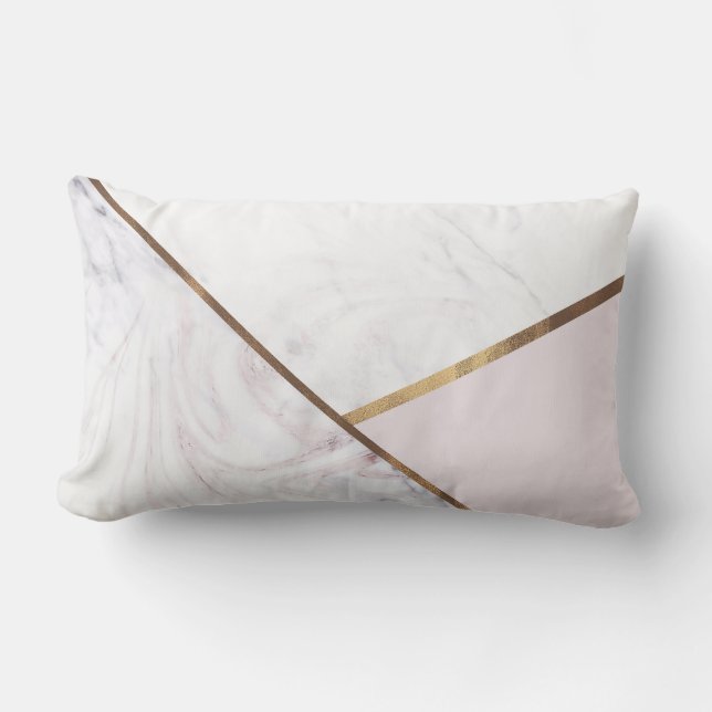 Rose Gold Marble Swirl & Blush Pink Bronze Glam Lumbar Cushion (Front)