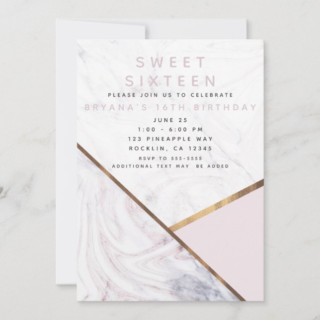 Rose Gold Marble Swirl Blush Pink Bronze Sweet 16 Invitation (Front)