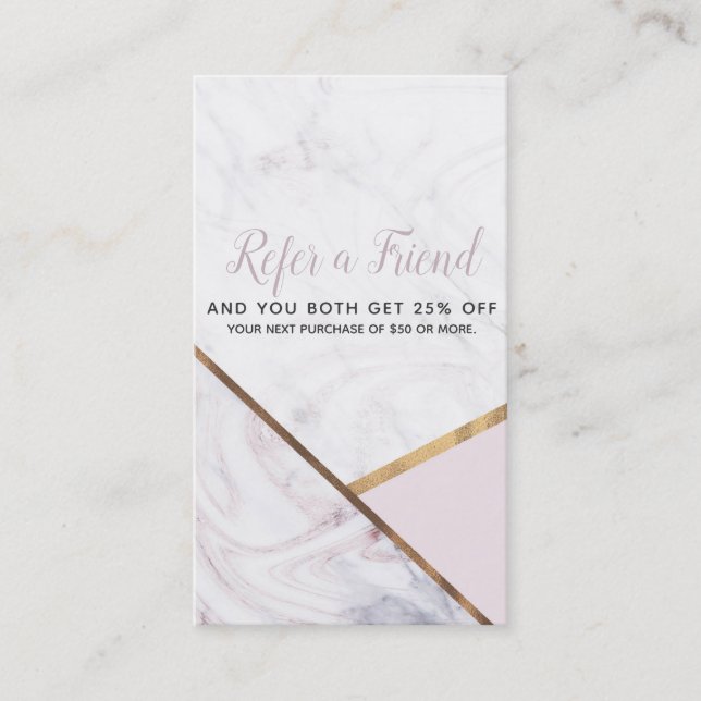 Rose Gold Marble Swirl & Blush Pink Refer a Friend Referral Card (Front)