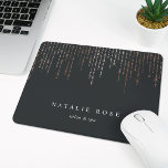 Rose Gold Marquee Personalized Mouse Pad<br><div class="desc">Chic personalized mousepad displays your name,  business name or choice of custom text in classic white lettering on a rich soft black background with vertical strands of faux rose gold foil string lights cascading from the top.</div>