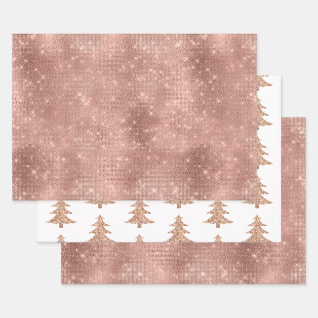 Rose Gold Merry Christmas Tree Sparkle Glitter Wrapping Paper Sheet (Set)