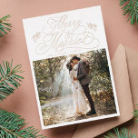 Rose Gold Merry & Married First Christmas Photo<br><div class="desc">Elegant and romantic swirly calligraphy lettering with a photo and optional text on the back. For more advanced customisation of this design,  please click the BLUE DESIGN TOOL BUTTON above!</div>