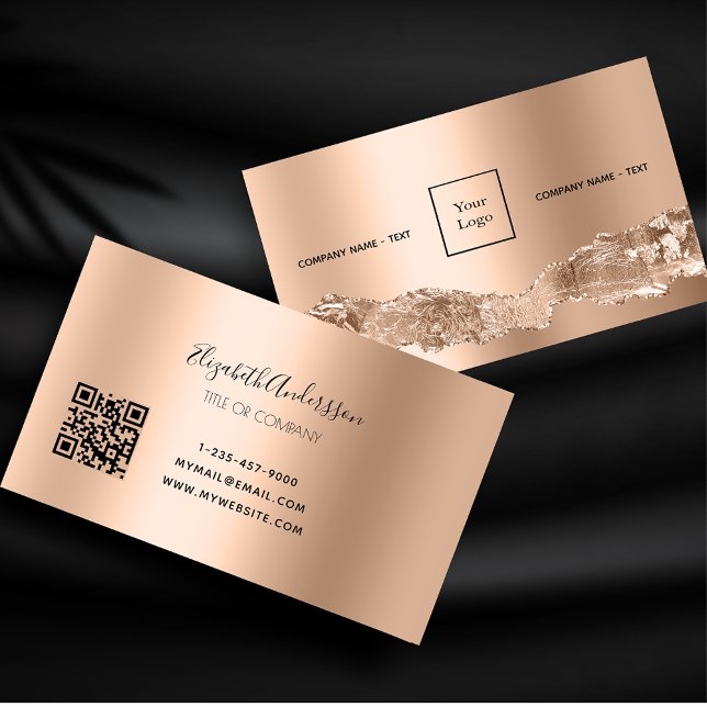 Rose gold metal agate marble logo QR code Business Card (Creator Uploaded)