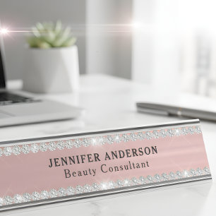 Rose Gold Metal And Glitter Diamond  Desk Name Plate