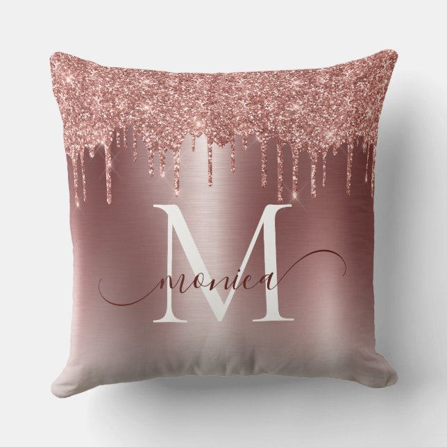 Rose Gold Metal Glitter Drips Monogram Name Cushion (Back)