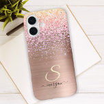 Rose Gold Metal, Glitter, Script Name & Initial iPhone 16 Case<br><div class="desc">A trendy design of faux brushed rose gold metal and glitter with black script name and pale yellow initial.</div>