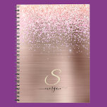 Rose Gold Metal, Glitter, Script Name & Initial Luggage Tag<br><div class="desc">A trendy design of faux brushed rose gold metal and glitter with black script name and pale yellow initial.</div>