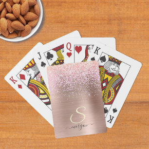 Rose Gold Metal, Glitter, Script Name & Initial Playing Cards