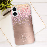Rose Gold Metal, Glitter, Script Name & Monogram iPhone 16 Case<br><div class="desc">A trendy design of faux brushed rose gold metal and glitter with monogram and black script name.</div>