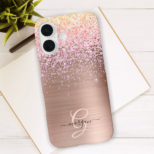 Rose Gold Metal, Glitter, Script Name & Monogram iPhone 16 Case