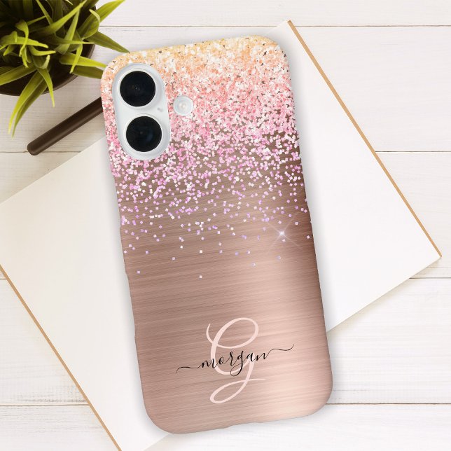 Rose Gold Metal, Glitter, Script Name & Monogram iPhone 16 Case (Creator Uploaded)