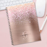 Rose Gold Metal, Glitter, Script Name & Monogram Notebook<br><div class="desc">A trendy design of faux brushed rose gold metal and glitter with monogram and black script name.</div>