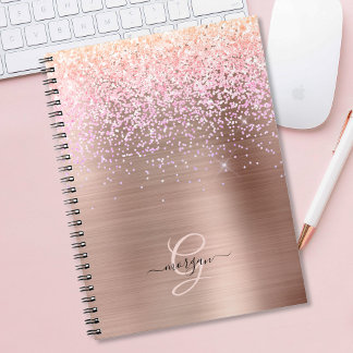 Rose Gold Metal, Glitter, Script Name & Monogram Notebook