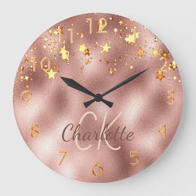 Rose gold metal monogram script large clock (Front)