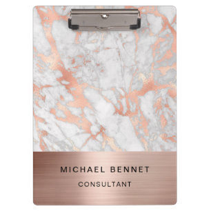 Rose Gold Metal White Marble Consultant Business Clipboard