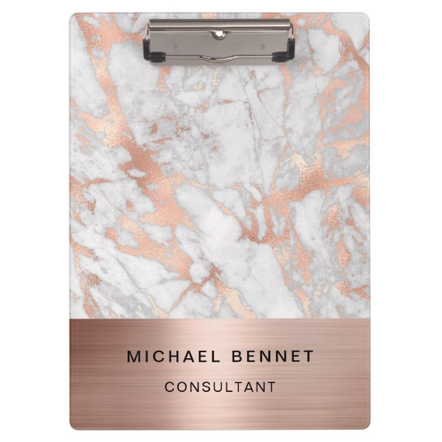 Rose Gold Metal White Marble Consultant Business Clipboard (Front)
