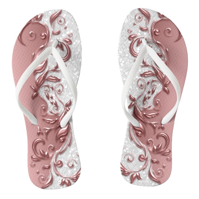 Rose Gold Metallic Floral & White Glitter Jandals (Footbed)