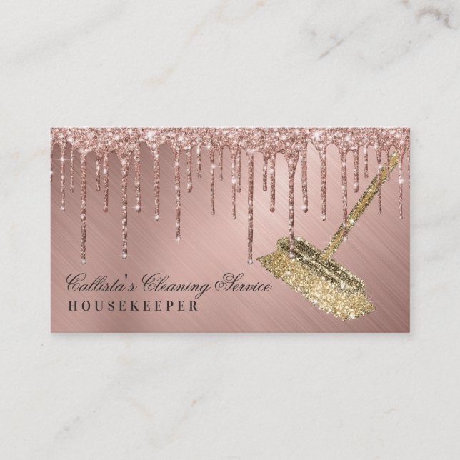 Rose Gold Metallic Glitter Drips Cleaning Service Business Card (Front)