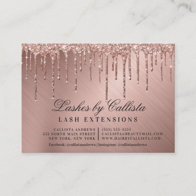 Rose Gold Metallic Glitter Drips Lashes Aftercare Business Card (Front)