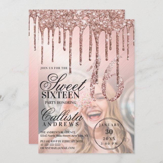 Rose Gold Metallic Glitter Drips Photo Sweet 16 Invitation (Front/Back)