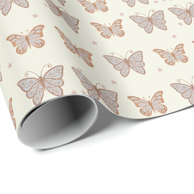 Rose Gold Metallic Look Butterfly Wrapping Paper (Roll Corner)