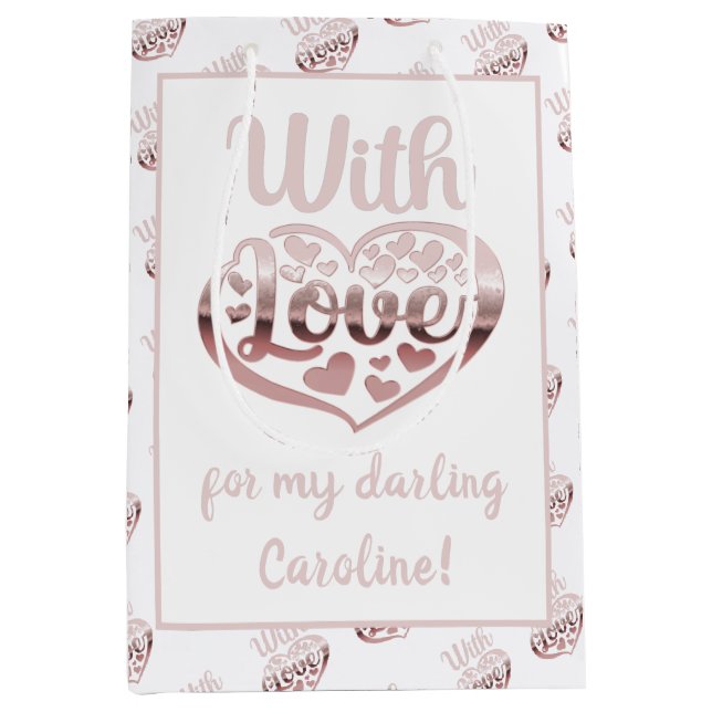 Rose gold metallic look Valentine heart love white Medium Gift Bag (Front)