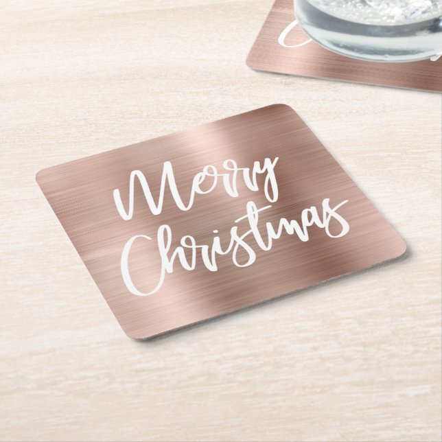 Rose Gold Metallic Merry Christmas Calligraphy Square Paper Coaster (Angled)