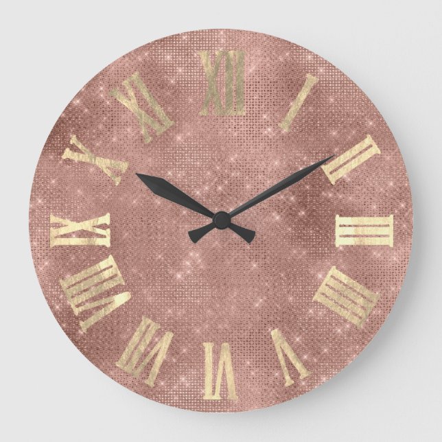 Rose Gold Metallic Minimal Roman Numbers Blush Large Clock (Front)