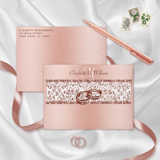 Rose Gold Metallic Monogram Damask Glitter Wedding Envelope (Creator Uploaded)