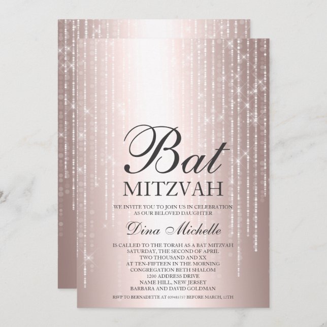 Rose gold metallic string lights chic Bat Mitzvah Invitation (Front/Back)