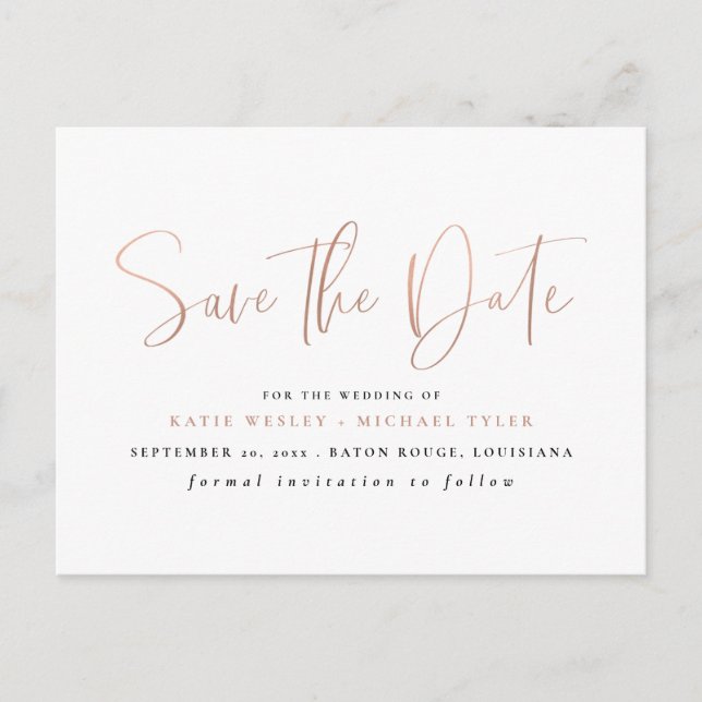 Rose Gold Minimal Typography Save the Date Announcement Postcard (Front)