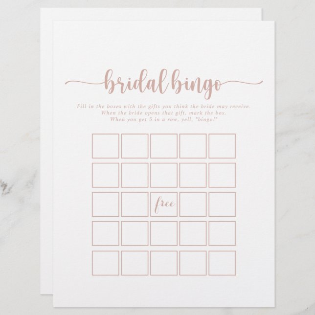 Rose Gold Minimalist Calligraphy Bridal Bingo Game (Front/Back)