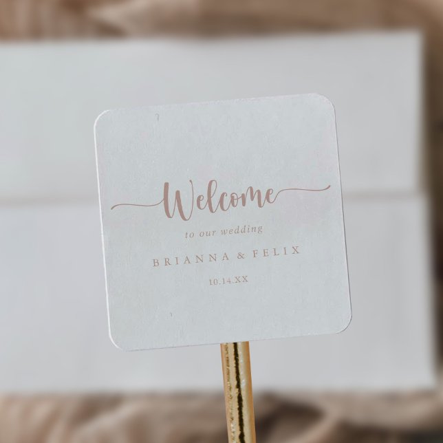 Rose Gold Minimalist Calligraphy Wedding Welcome   Square Sticker (Creator Uploaded)
