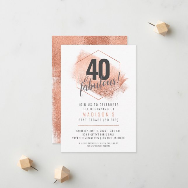 Rose Gold Minimalistic 40th Birthday Invitation (Front/Back In Situ)