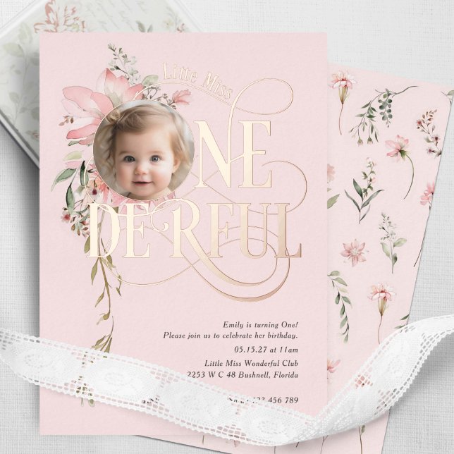 Rose gold Miss Onederful Girl 1st birthday photo (Pink, Rose Gold Foil, Little Miss Onederful, Baby Girl 1st birthday Wildflower invite.)