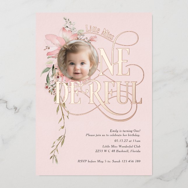 Rose gold Miss Onederful Girl 1st birthday photo (Front)