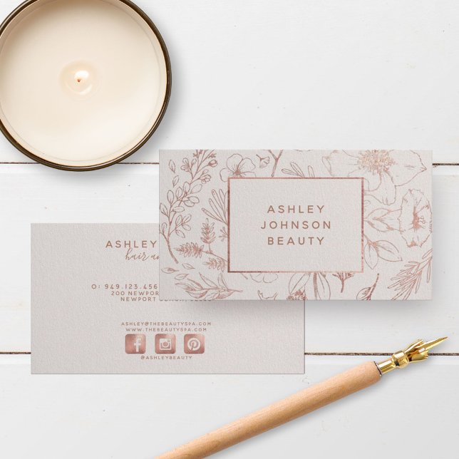 Rose Gold Modern Botanical Blush Social Horizontal Business Card (Creator Uploaded)
