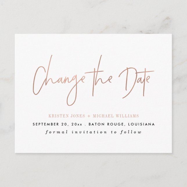 Rose Gold Modern Change the Date Announcement Postcard (Front)