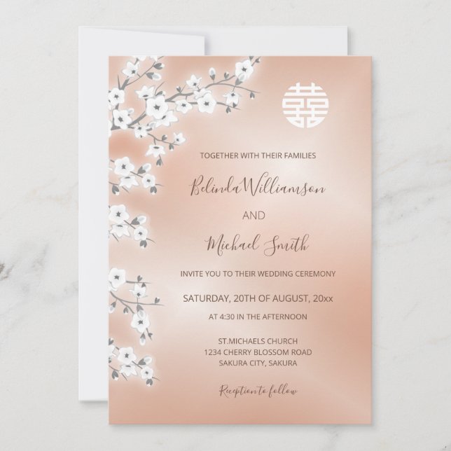  Rose Gold Modern Chinese Wedding  Invitation (Front)