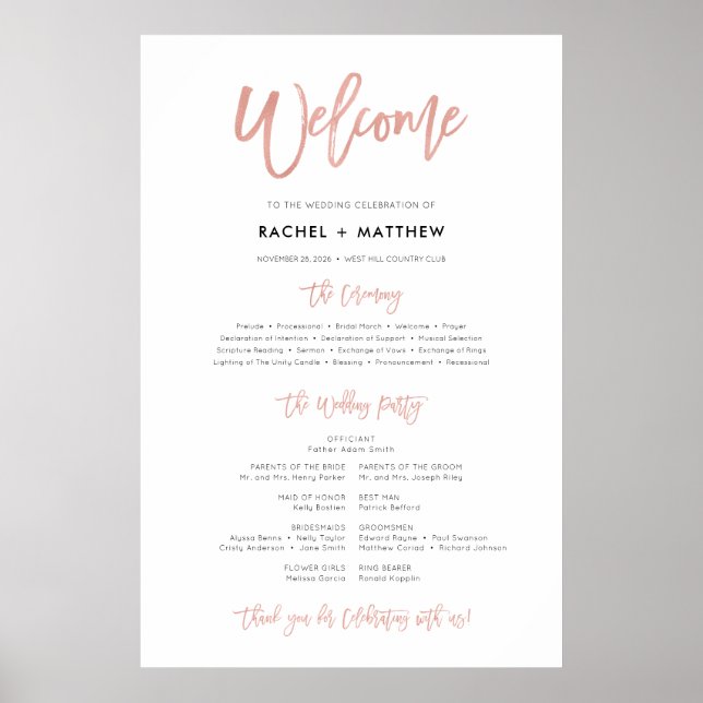 Rose Gold Modern Fairytale Wedding Program Sign (Front)