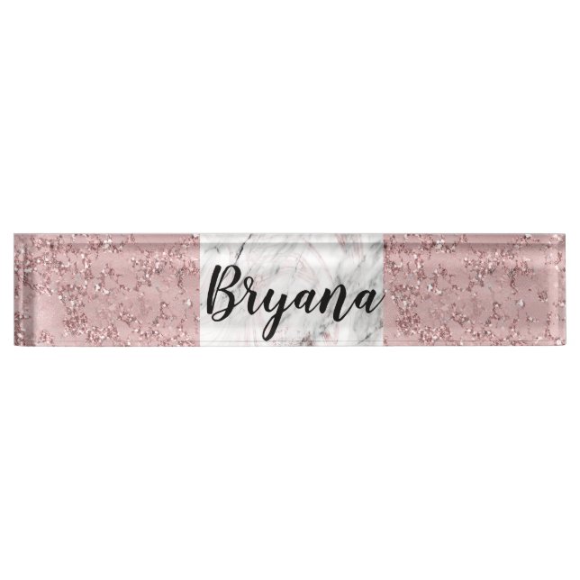 Rose Gold Modern Glam Marble & Glitter Decorative Nameplate (Front)