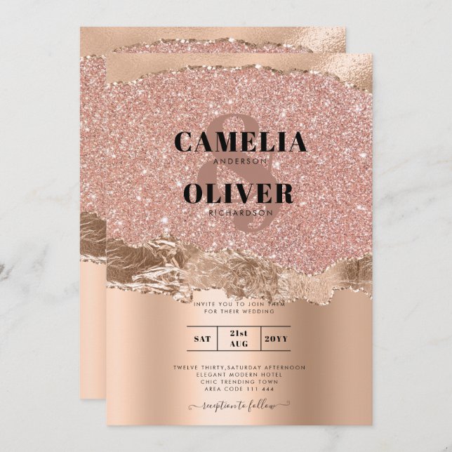 Rose Gold Modern Glamour Wedding Invite (Front/Back)