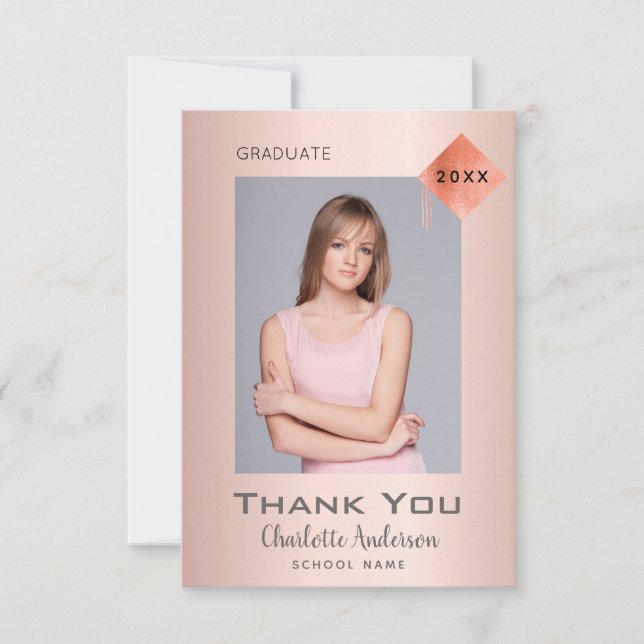 Rose gold modern graduation thank you card (Front)